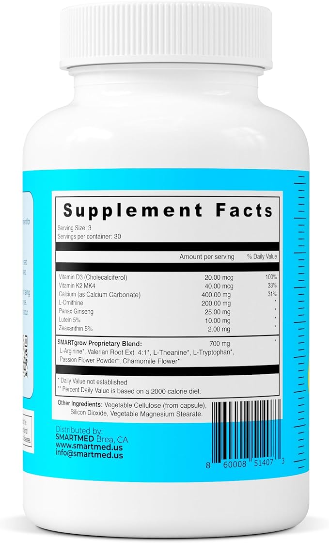 SMARTGROW 5-in-1 Promote Strong Bones Eye &amp Health Calcium Vitamin D3 Amino Acids – Sleep Aid Immune Support Brain &amp Eye Health – 90 Capsules