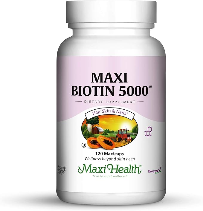 Maxi Health Biotin 5000 mcg – Hair Skin and Nails Vitamins for Women &amp Men – High Potency Vitamin B7 Supplement for Hair Growth Strong Nails &amp Healthy Skin – Kosher Doctor Formulated – 120 C