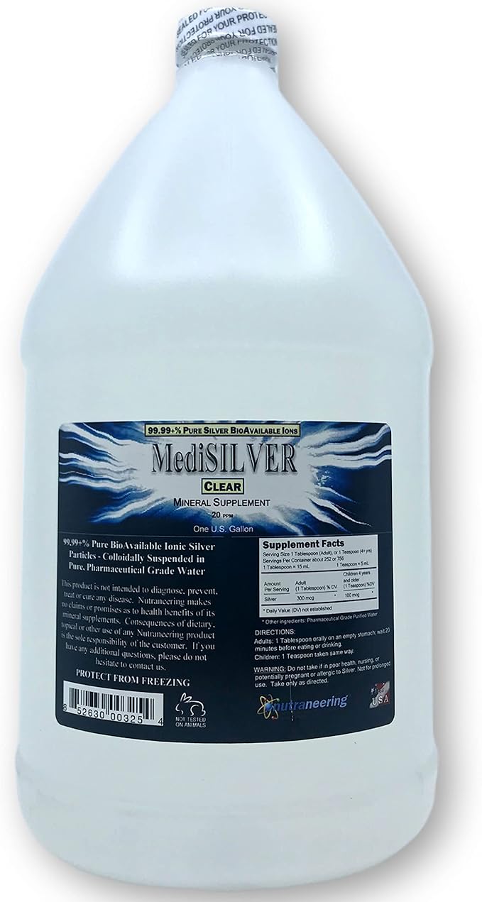 MediSILVER Clear True Free Ionic Colloidal Silver Dietary Supplement - 1 US Gallon in Opaque BPA-Free Plastic Jug