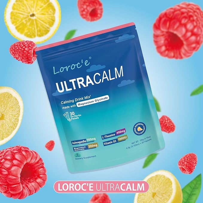 UltraCalm Super Cortisol Drink with Magnesium Glycinate Ashwagandha L-Theanine Vitamin D3 Magnesium Powder for Sleep &amp Stress Relief Raspberry Lemonade (30 Servings)