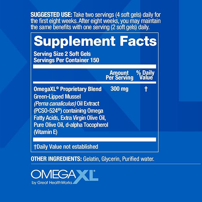 OmegaXL Joint Support Supplement - Natural Muscle Support Green Lipped Mussel Oil Soft Gel Pills Drug-Free 300 Count