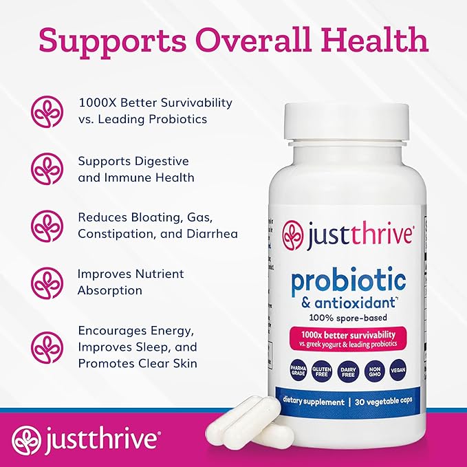 Just Thrive Probiotic &amp Antioxidant Supplement - 100% Spore-Based Digestive and Immune Support - Gluten Free 30 Caps