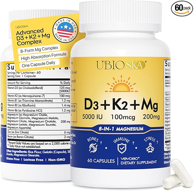 UBIOSKA Vitamin D3 K2 Magnesium Supplement – 5000 IU D3 + MK-7 K2 with 8-Form Magnesium (Glycinate Taurate Malate) for Calm Sleep Stress Relief Mood Balance &amp Strong Bones – 60 Capsules