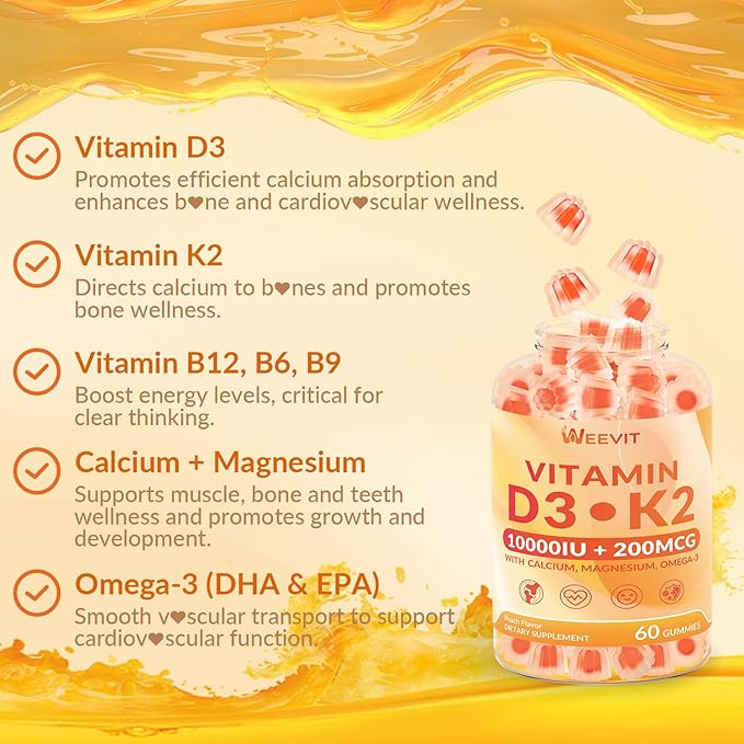 Vitamin D3 10000iu &amp K2 (as MK7) 200mcg Gummies w/Calcium Magnesium Omega-3 Vitamin C B12 K2 D3 Supplement for Women &amp Men - Vegan Sugar Free