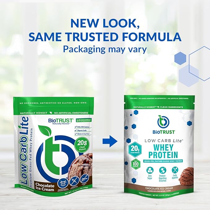 BioTrust Low Carb Lite 20 Grams of Grass-Fed Whey Protein Isolate 100 Calories ProHydrolase Digestive Enzymes Non-GMO Free from Soy and Gluten rBGH-Free (14 Servings) (Chocolate Ice Cream)