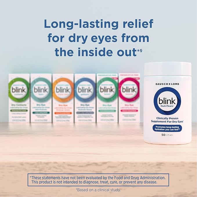 Blink NutriTears Clinically Proven Supplement for Dry Eyes Eye Care with Lutein &amp Zeaxanthin and Vitamin D to Hydrate Eyes from Within for Long-Lasting Relief 50 Softgels