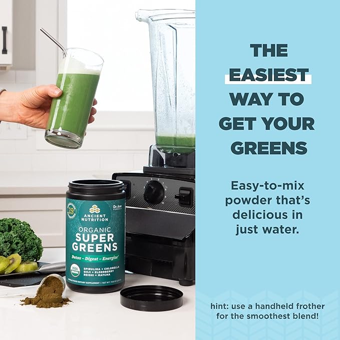 Ancient Nutrition Bone Broth Protein Powder Salted Caramel 20 Servings + Organic Supergreens Powder Greens Flavor 25 Servings