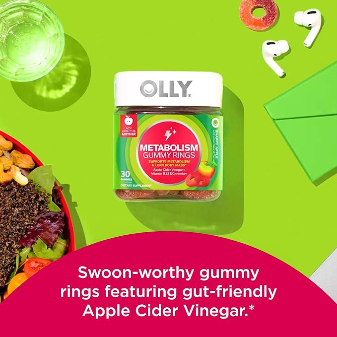 OLLY Men's Multivitamin Gummy Overall Health and Immune Support &amp Metabolism Gummy Rings Apple Cider Vinegar Vitamin B12 Chromium