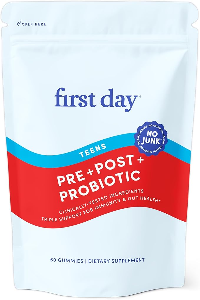 FIRST DAY Teens’ Gut Sustainer Tribiotic Gummies – 3-in-1 Prebiotic Probiotic &amp Postbiotic Supplement – Supports Digestive Skin Oral &amp Immune Health Nutrient Absorption &amp Growth – 30-D