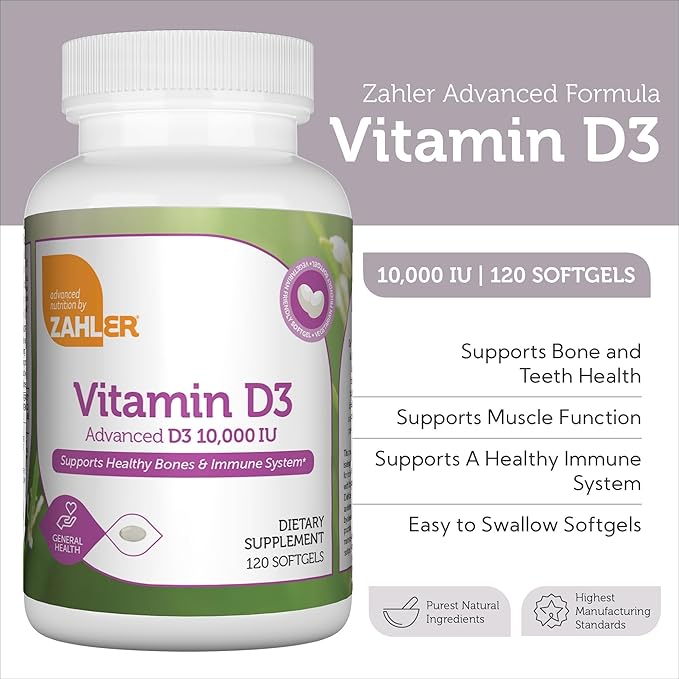 Zahler - Advanced Vitamin D3 10000 IU Softgels (120 Count) Kosher Vegetarian Friendly Vitamin D for Immune Support Bone Teeth &amp Muscle Health - Daily D3 Vitamin Supplement for Adults - Easy Swa