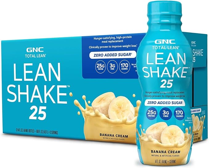 GNC Lean Shake 25 Protein Shake Clinically Proven Weight Management Meal Replacement 25g Protein with Zero Added Sugar Ready To Drink Banana Cream Pack of 12