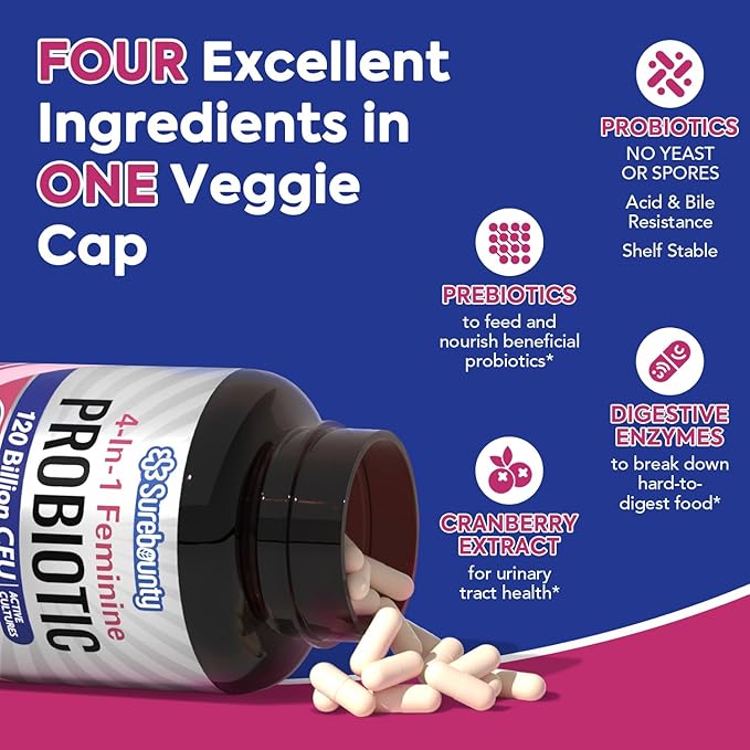 Probiotic Bundle 4-in-1 Feminine Probiotic (30ct) &amp Supreme Restore Probiotic (60ct) 2 Packs Cranberry Vaginal Support GI Tract Balance Vegan Non-Dairy