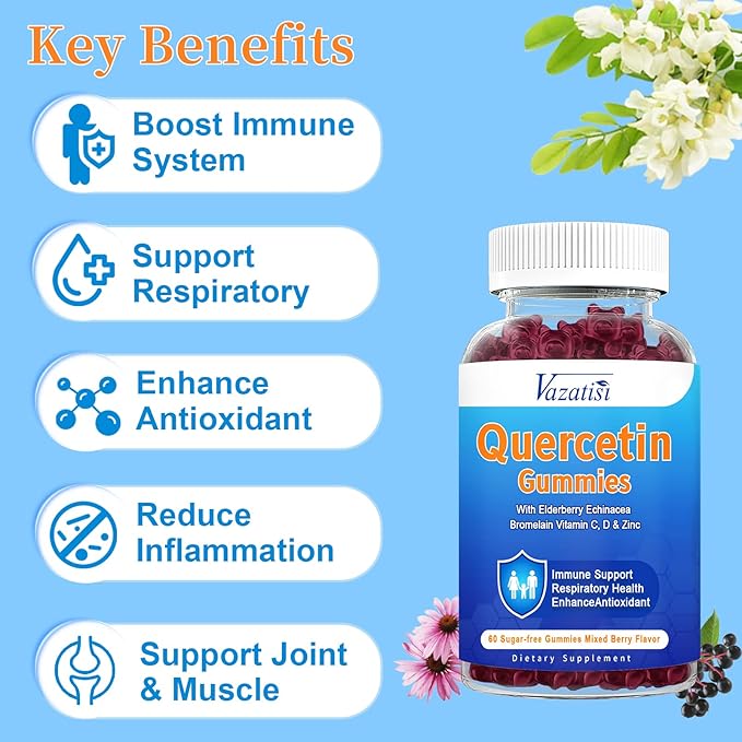 2 Pack Quercetin with Bromelain Gummies Quercetin 1200MG with Vitamin C Zinc &amp Elderberry for Immune System &amp Allergy Chewable &amp Vegan Gummies Mixed Berry Flavor 120 Cts