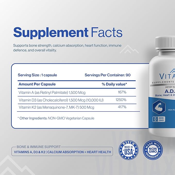 ADK 10 - Vitamin ADK Supplement 180 Capsules - High Potency Vitamin A D3(10000 IU) K2 as MK-7 for Bone Heart &amp Calcium Absorption – Non-GMO Gluten Free (6 Month Supply) 2 Pack
