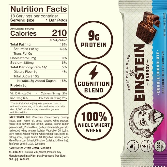 Einstein Energy Smart Snack Bars- Double Chocolate &amp Peanut Butter Protein Bars with Lion’s Mane Green Tea Extract &amp Caffeine for Focused Energy- Chocolate Wafers Bars Boost Mind Body &amp