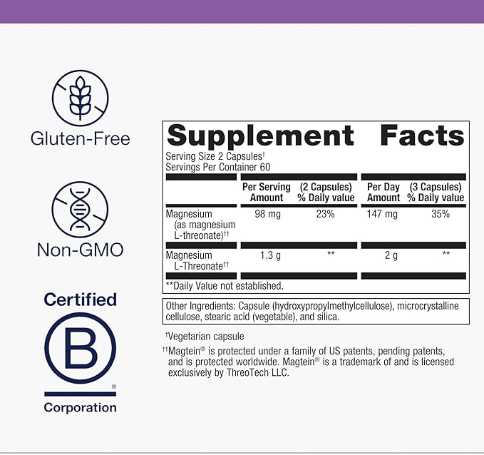 Metagenics Magnesium L-Threonate - Magtein Magnesium for Brain Health Memory Learning &amp Cognitive Support - Clinically Studied Bioavailable Form - Non-GMO Gluten-Free Vegan - 120 Capsules