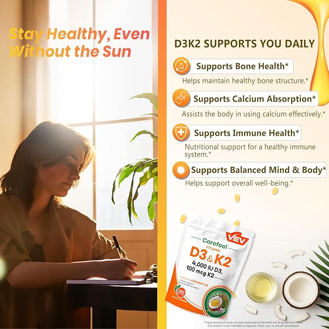 VEV Vitamin D3 K2 4000 IU 100 mcg MK-7 300 Softgels with Coconut Oil Easy to Swallow K2 D3 Vitamin Supplement Daily Nutrient Support