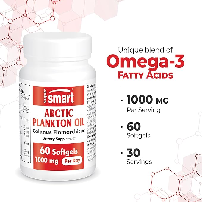 Supersmart - Arctic Plankton Oil 1000mg per Day (Patented) - Greater Nutrition Than Fish &amp Krill Oil Supplement - with Omega-3 Fatty Acids EPA DHA &amp SDA | Non-GMO &amp Gluten Free - 60 Soft