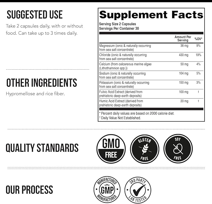Ionic Lytes™ Electrolyte Mineral Complex with Ionic Sea Salt Fulvic &amp Humic Acid - Supports Hydration Electrolyte &amp Mineral Balance &amp Muscle Function (60 Capsules) - Soy-Free Gluten-Fre