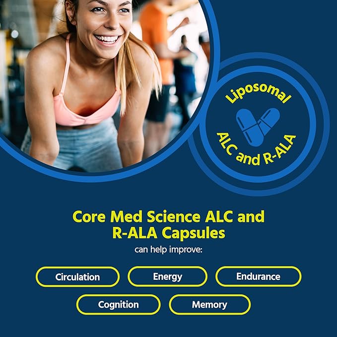 Core Med Science Liposomal ALC &amp R-ALA Supplement Capsules - Acetyl-L-Carnitine (900mg) &amp R-Alpha Lipoic Acid (75mg) - Promotes Energy &amp Focus - Supports Mental Function &amp Memory Cogni