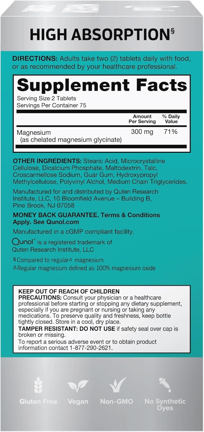 Qunol Magnesium Glycinate 300mg100% Glycinate Chelated Magnesium Supplement150ct Tablets(Pack of 2)