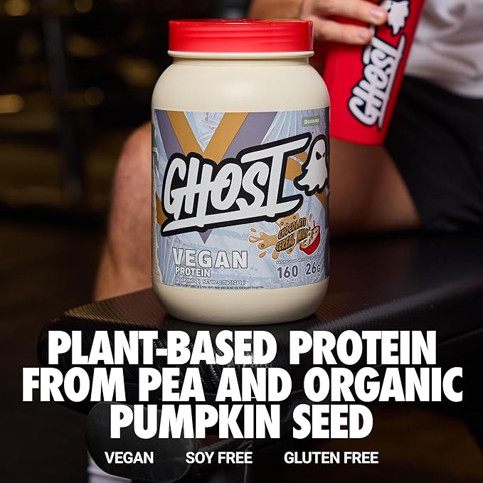 GHOST Vegan V2 Protein Powder Chocolate Cereal Milk - 2LB Tub 26G of Protein - Plant-Based Pea &amp Organic Pumpkin Blend Protein with Fiber &amp Iron - Flavored Post Workout Shakes - Soy &amp Gl