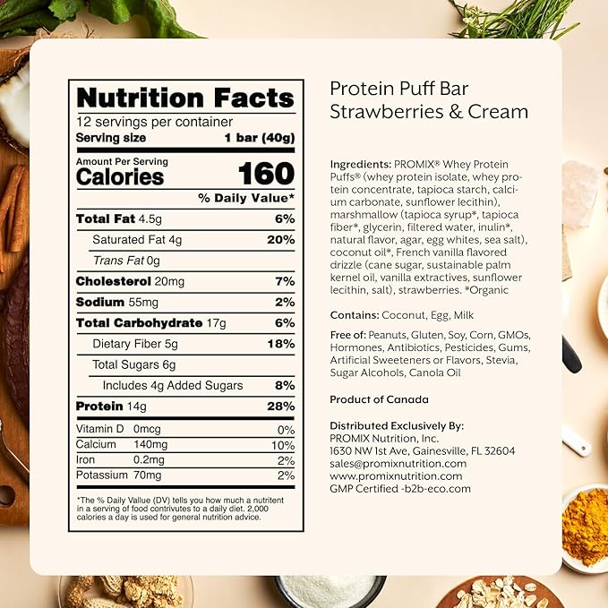 ProMix Nutrition Whey Protein Isolate Puff Bar Low Carb Healthy Snack with Egg Whites - Grass FedGluten Free Low Sugar Soy Free (Strawberries &amp Cream) - 12 Bars