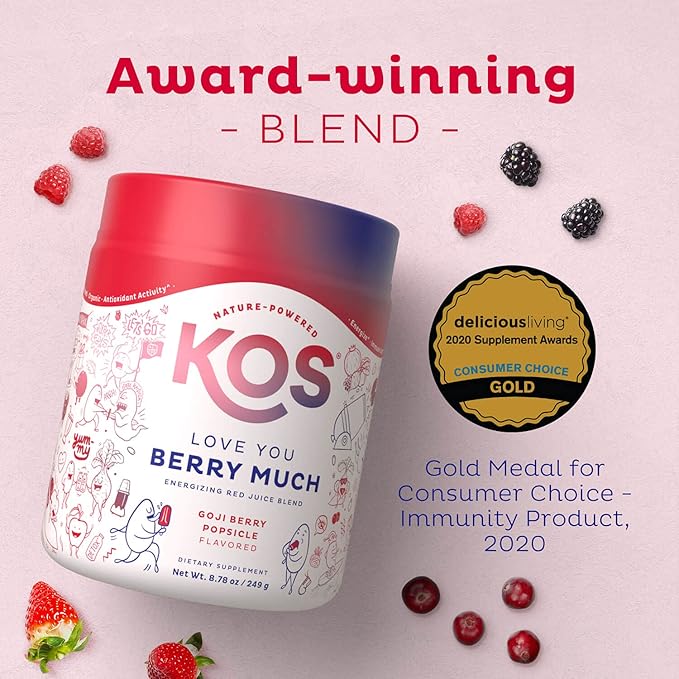 KOS Reds Superfood Powder for Antioxidants - USDA Certified Organic Beet Root Goji Berries Acai Pomegranate Coconut Water &amp Digestion Enzymes- Goji Berry Popsicle Flavor Juice Mix - 28 Serving