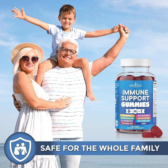 NEW AGE 8 in 1 Immune Support Booster Supplement with Elderberry Vitamin C and Zinc 50mg Vitamin D 5000 IU Quercetin &amp Bromelain (8 in 1 Gummies (Pack of 1))