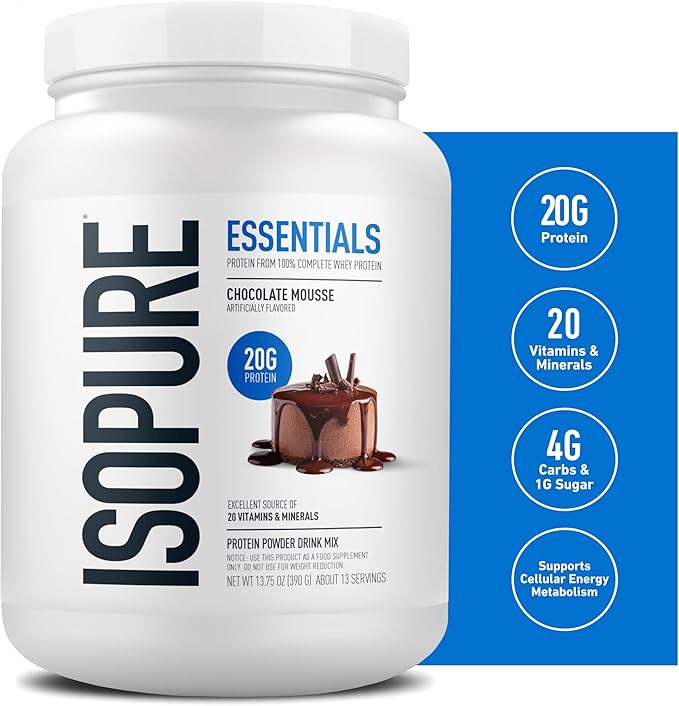 Isopure Essentials 100% Whey Protein Powder with Vitamins 20g Protein Per Serving Chocolate Mousse 13 Servings (Pack of 1)