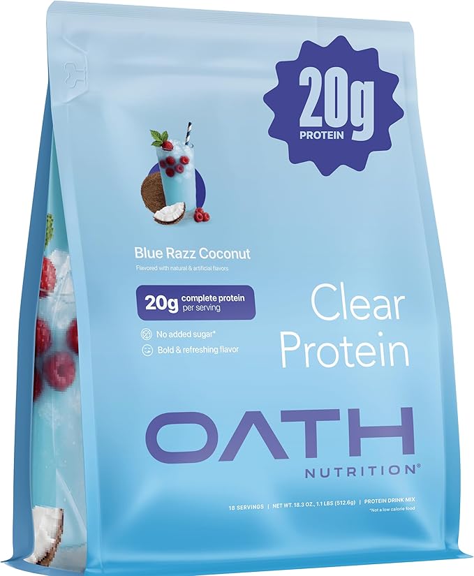 Oath Nutrition Clear Whey Isolate Protein Powder Blue Razz Coconut 20g Complete Protein per Serving No Added Sugar Grass-Fed 18 Servings