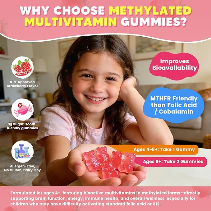 Kids Methylated Multivitamin Gummies with Omega 3 Multivitamin for Kids &amp Teens 4+ w/L Methylfolate &amp B12 Calcium Probiotics Elderberry 16 Vitamins for Healthy Growth Immune Support Sug