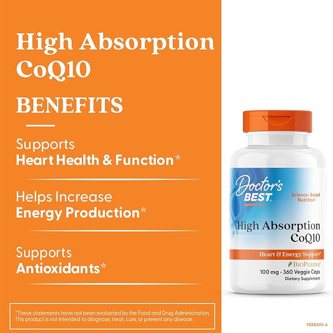 Doctor's Best High Absorption CoQ10 100mg with BioPerine Supplement - Coenzyme Q10 Caps for Heart Health &amp Antioxidant Support CoQ10 100 mg for Women &amp Men Non GMO - 360 Veg Capsules