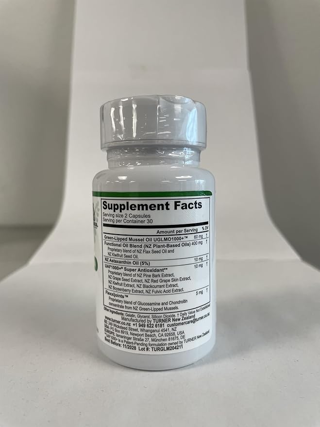 TURNER New Zealand Green Lipped Omega-3 Mussel Oil 53x Higher Potency with UAF1000+ Super Antioxidant No Fishy Aftertaste 2 Bottles 120 Softgels