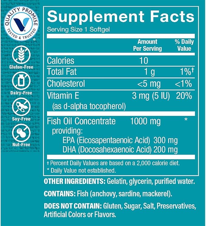 The Vitamin Shoppe Brand Omega 3 Fish Oil 1000 mg Softgels 300 mg EPA &amp 200 mg DHA Unflavored Fish Oil Supplement for Men &amp Women Gluten Free Soy &amp Dairy Free 240 Softgels