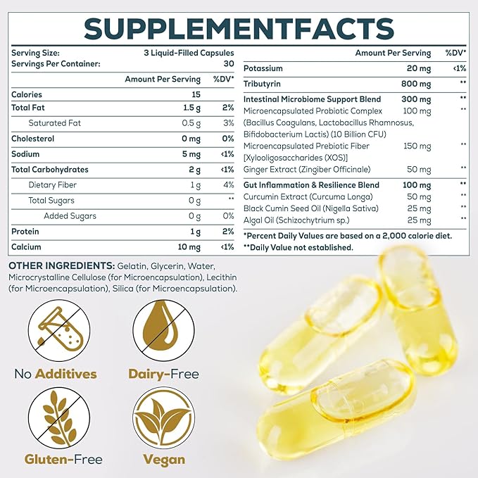 Tributyrin Supplement for Gut &amp Immune 800mg | High Bioavailability with Microencapsulated Probiotics &amp Prebiotics - Advanced Liquid-Filled Tributyrin Complex Gluten Free 90 Capsules