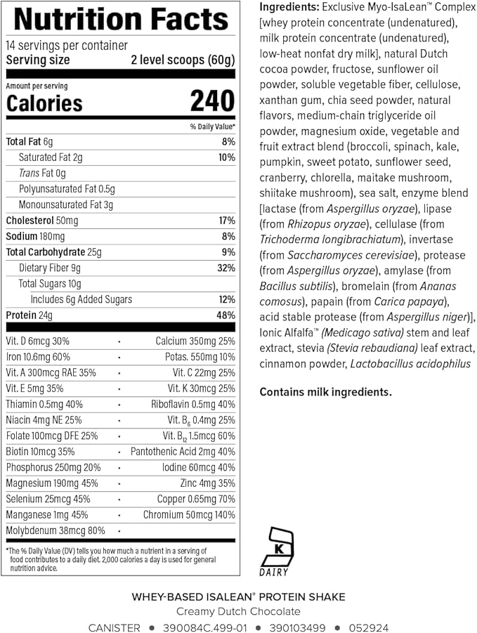 IsaLean Protein Shake Complete Superfood Meal Replacement Shake for Maintaining Healthy Weight and Lean Muscle Growth with 24 Vitamins and Minerals-29.6 oz - 14 Meal Canister Creamy Dutch Chocolate