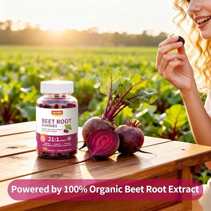 Organic Beet Root Gummies Mixed Berry Flavor SupplementsNatural Extract 21:1 Concentrate Sugar Free Chews Energy Vitality &amp Performance Support Beetroot Gummies