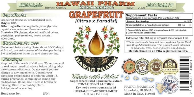 Grapefruit Chakutra (Citrus x Paradisi) Tincture Dried Seed Alcohol-Free Liquid Extract Grapefruit Glycerite Herbal Supplement 2 oz
