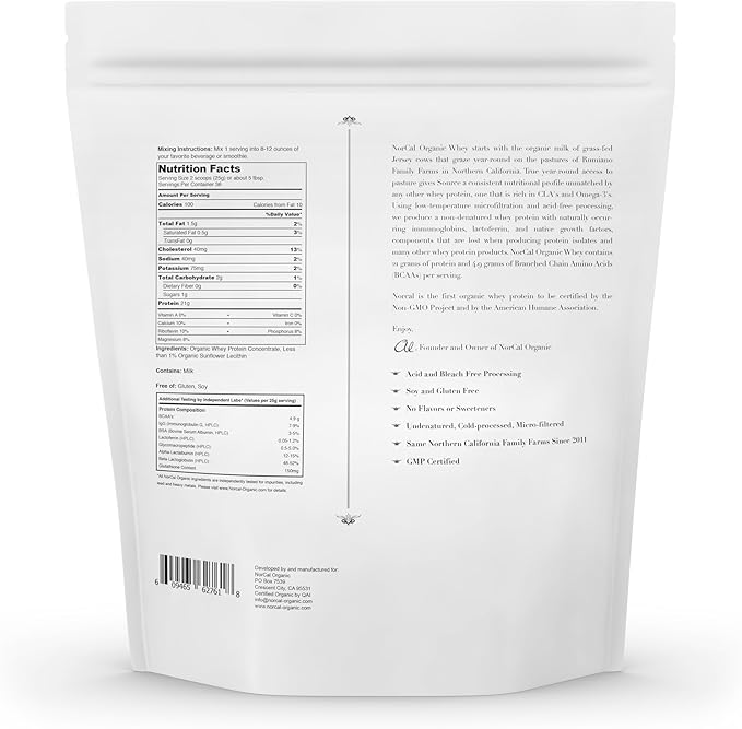 NorCal Organic Whey Protein | 100% Grass-Fed USDA Certified | Pure Clean Protein Sourced from Northern California Family Farms | Unflavored | 2 Pound (Pack of 1)