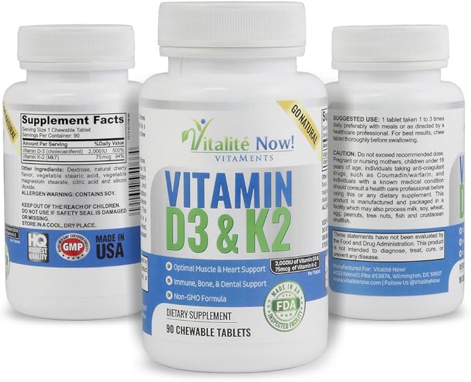 Best Vitamin D3 2000 IU + K2 - Optimized Absorption in Best Form MK7 for Lung Health Strong Bones &amp Healthy Heart - All Natural - Cherry Flavor - 90 Chewable Tablets - 3 Month Supply!