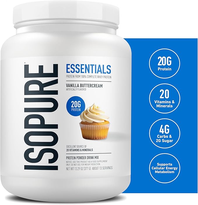 Isopure Essentials 100% Whey Protein Powder with Vitamins 20g Protein Per Serving Vanilla Buttercream 13 Servings (Pack of 1)