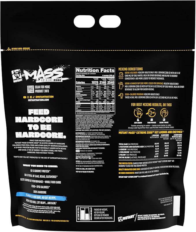 Mutant Mass Extreme 2500 - High Calorie Mass Gainer Whey Protein Powder with Creatine &amp Amino Acids - Muscle Building &amp Weight Gain Supplement for Hard Gainers - Vanilla Ice Cream 12 lbs