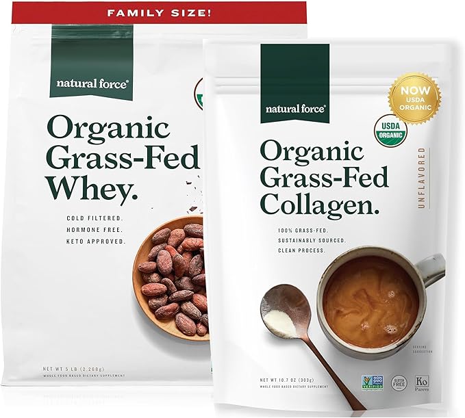 Natural Force Whey Protein Powder – Chocolate 5 lbs Organic Clean Collagen Peptides Powder Unflavored 10.7oz