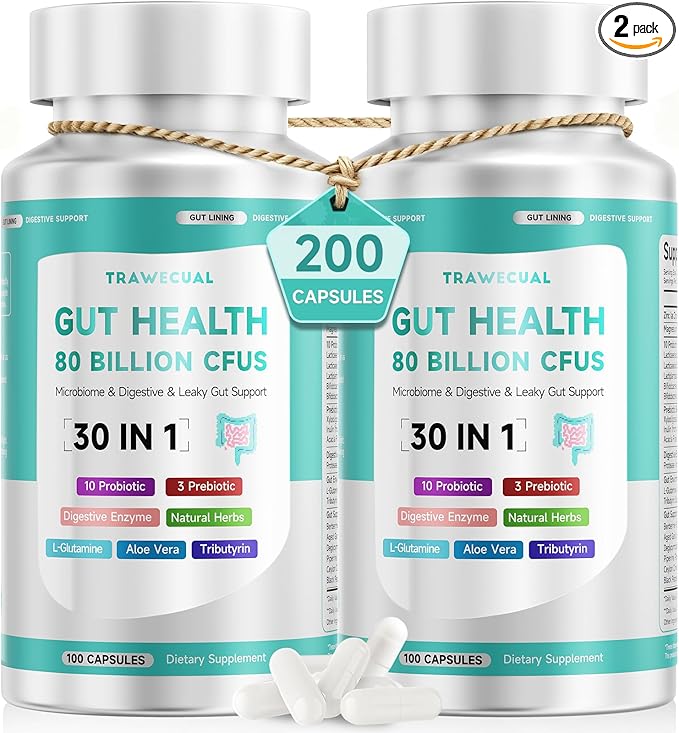 2-Pack Gut Health Capsule Supplement Supports Microbiome Leaky Gut and Digestion with 80 Billion CFU Probiotics Prebiotics Digestive Enzymes 30-in-1 Gut Health Supplement 200 Capsules