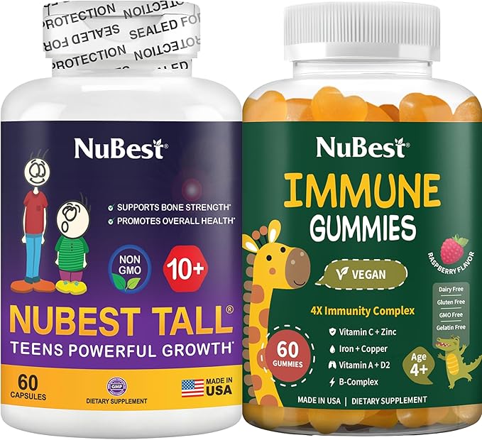 NuBest Bundle for Bone Growth Bone Strength &amp Immune Support for Kids &amp Teens Tall 10+ Capsules and Immune Multivitamin Gummies Daily Wellness Routine