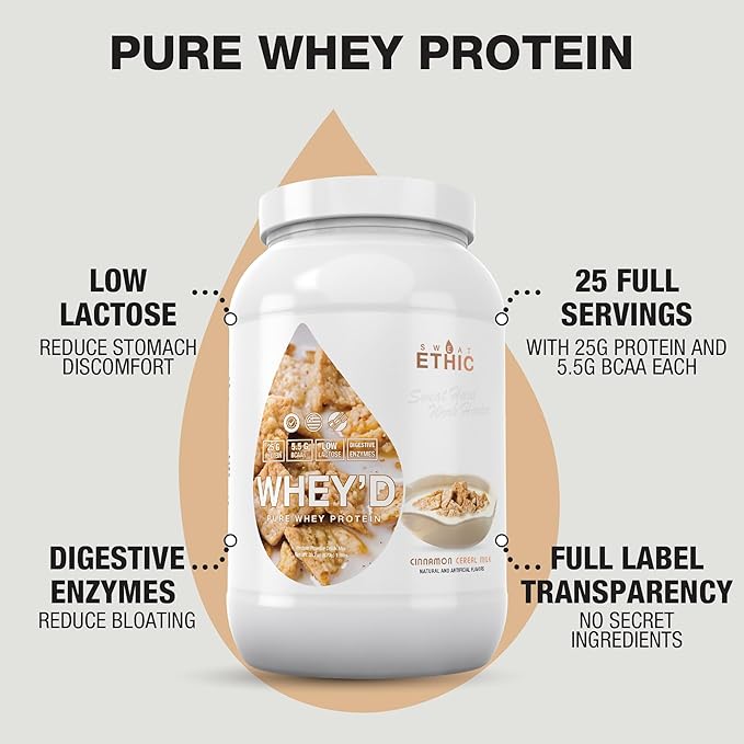 Sweat Ethic Whey'd Protein Powder 25 G Whey Protein Blend with Concentrate Isolate &amp Hydrolysate Low Lactose &amp Digestive Enzymes for Easy Mixing &amp Smooth Texture Cinnamon Cereal Milk