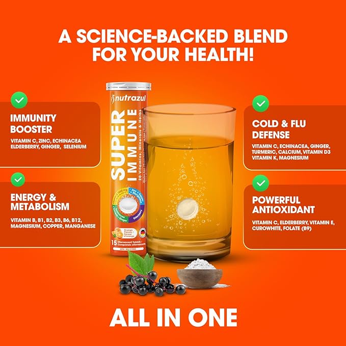 nutrazul Super Immune 30 Effervescent Tablets 20 Vitamins &amp Minerals Herbal Extracts to Support Daily Routine Vitamin C Zinc Elderberry &amp Echinacea Gluten-Free Sugar-Free Orange Flavor