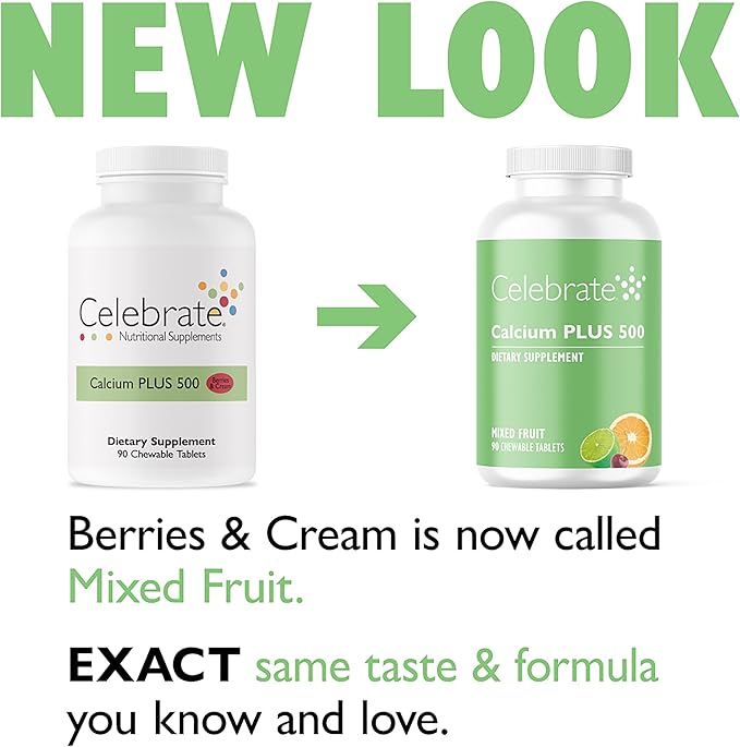 Celebrate Vitamins Calcium Plus - 500mg Calcium Citrate 333 IU Vitamin D3 &amp 34mg Magnesium for Post Bariatric Surgery - Gluten-Free &amp Sugar-Free - Mixed Fruit 90 Chewable Tablets