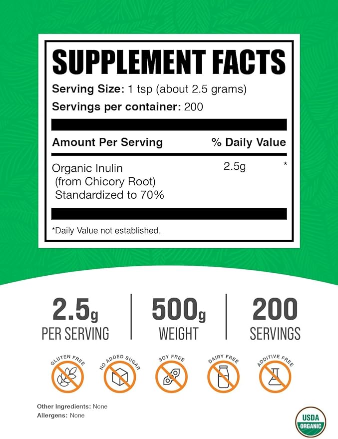 BulkSupplements.com Organic Inulin Powder - Inulin Supplement Soluble Fiber Powder - Vegan &amp Gluten Free - 2.5g per Serving 500g (1.1 lbs) (Pack of 1)